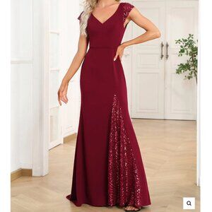 Cap Sleeve V-Neck A-Line Sequin Evening Dress